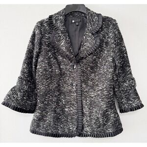 Carole Little Women Black‎ Tweed Boucle Suit Jacket 3/4 Sleeve Ruffle Ribbon S